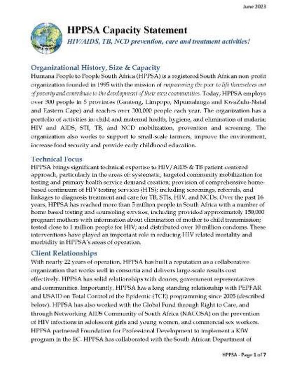 HPP South Africa Capacity Statement on HIV and AIDS TB NCDs